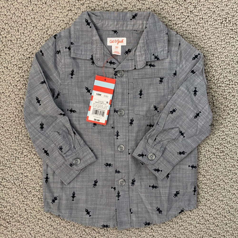 NWT Cat & Jack Grey Chambray-like Robot Button-up 18M